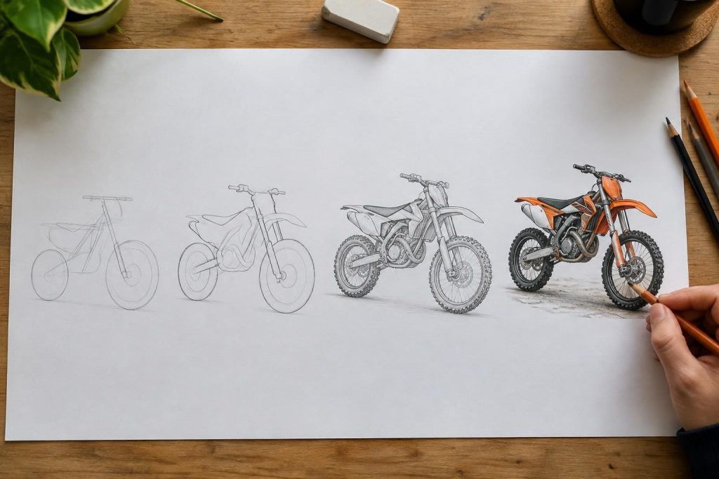 apprenez à dessiner une motocross facilement grâce à ce tutoriel étape par étape, idéal pour représenter les détails de la moto sans difficulté.